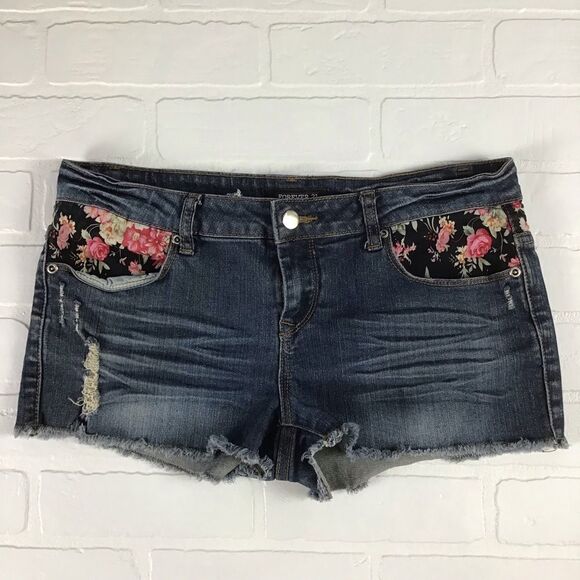 FOREVER 21 embroidered jeans denim mini shorts jorts floral embroiderie low rise - Picture 8 of 8